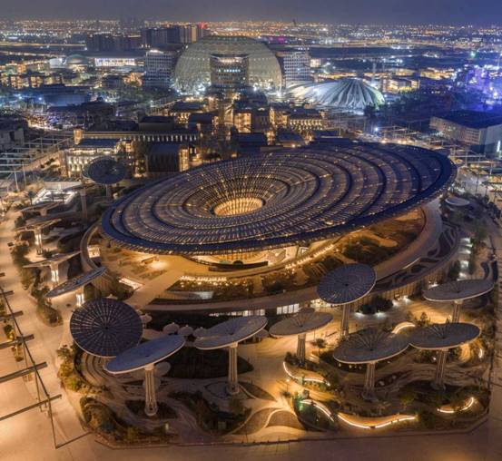 A drone shot looking over the Expo 2020 site 